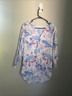 Tantrums White Button-Front Tunic with Blue and Red Print